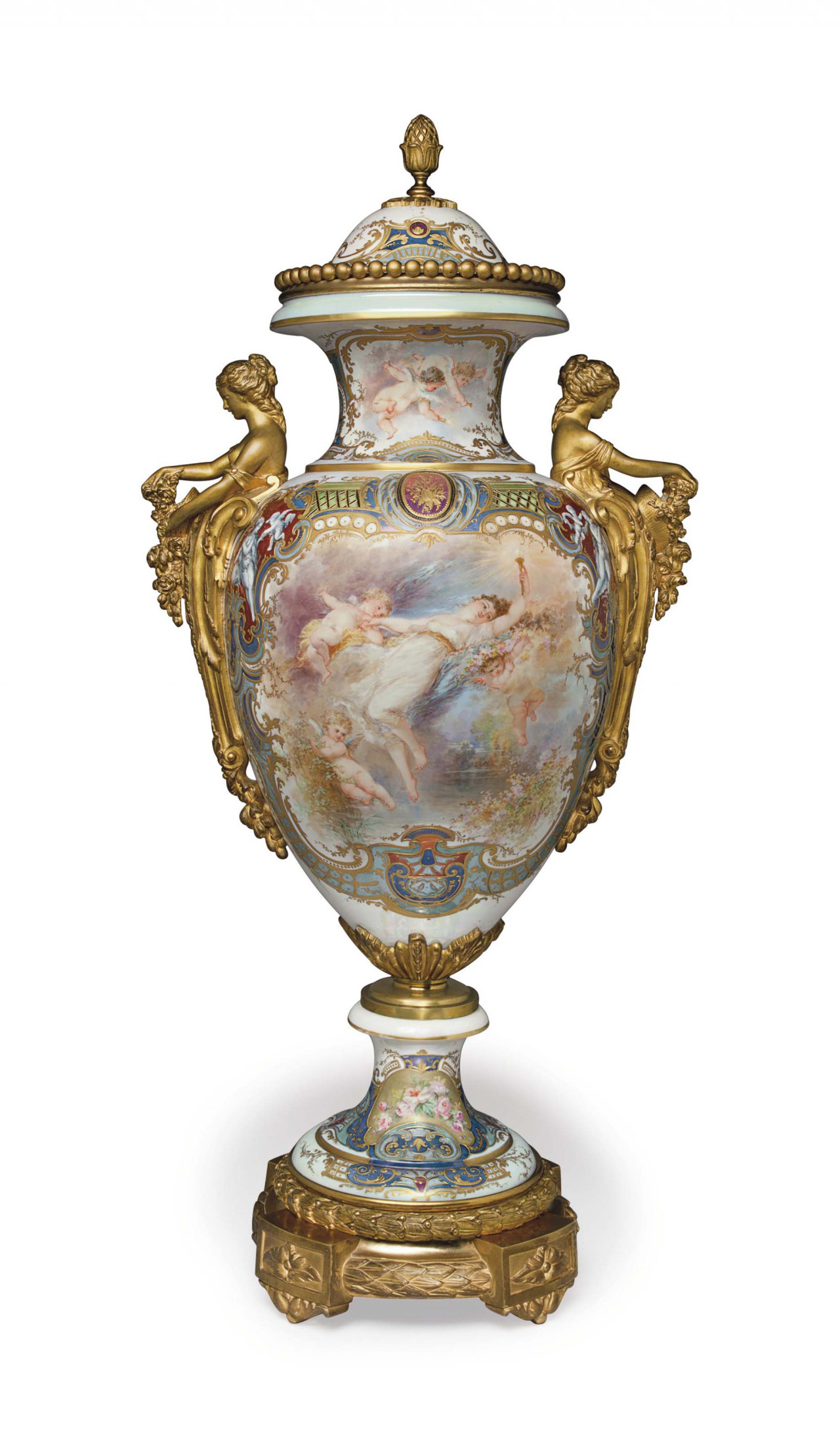 AN ORMOLU-MOUNTED SEVRES STYLE PORCELAIN IRIDESCENT-GROUND VASE AND COVER.jpg