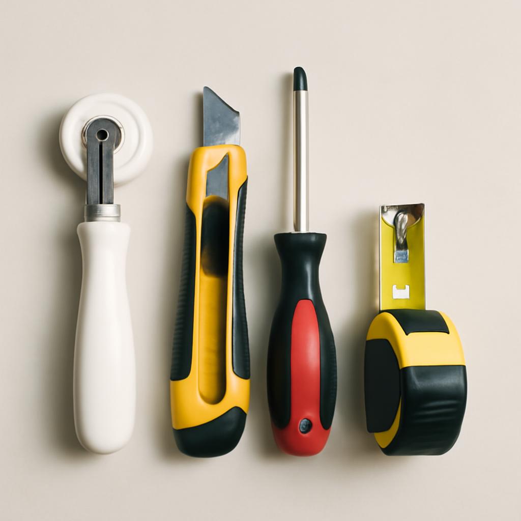 Набор инструментов для замены полотна москитной сетки: ролик, нож, отвертка и рулетка