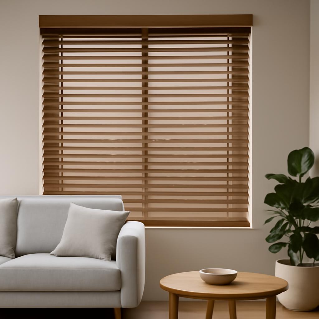 Стильные горизонтальные жалюзи из дерева в современном интерьере гостиной