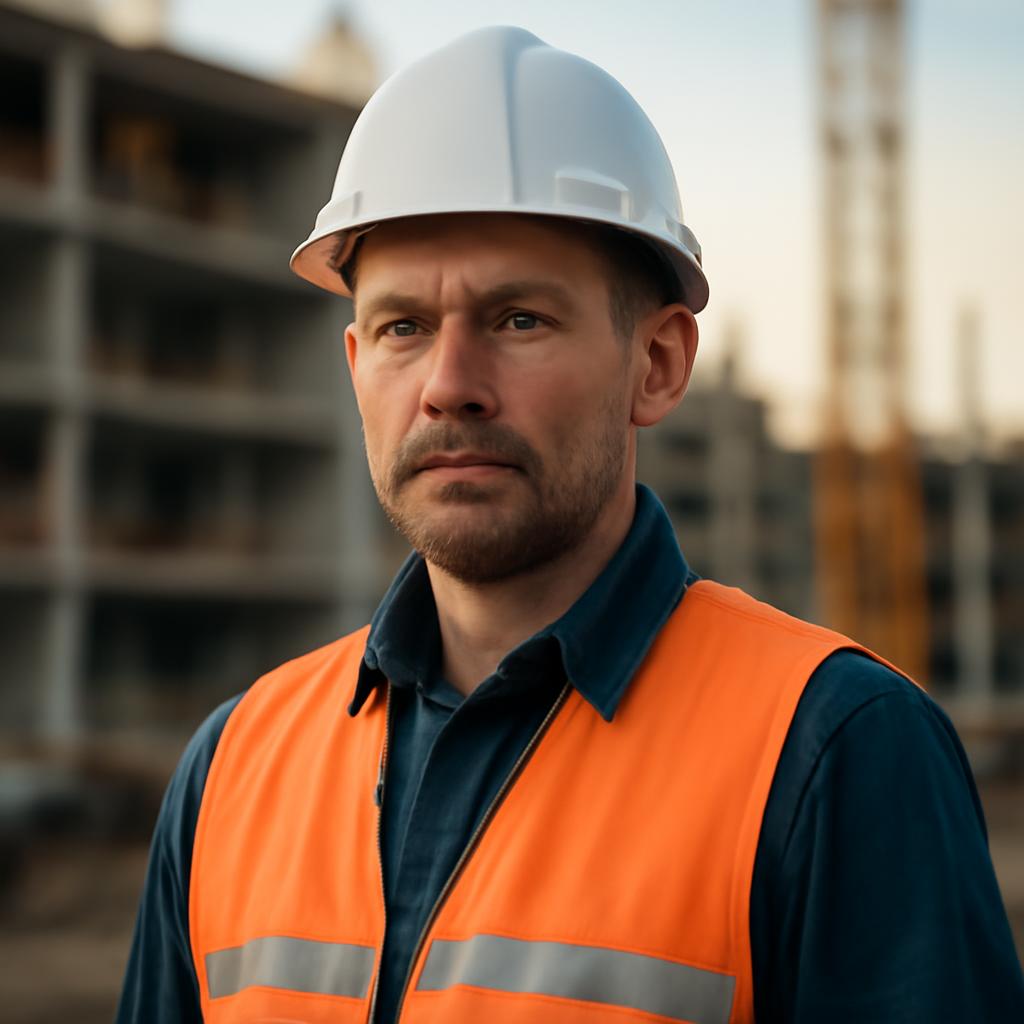Виктор Соколов — портрет инженера-строителя в профессиональной одежде на фоне строительной площадки