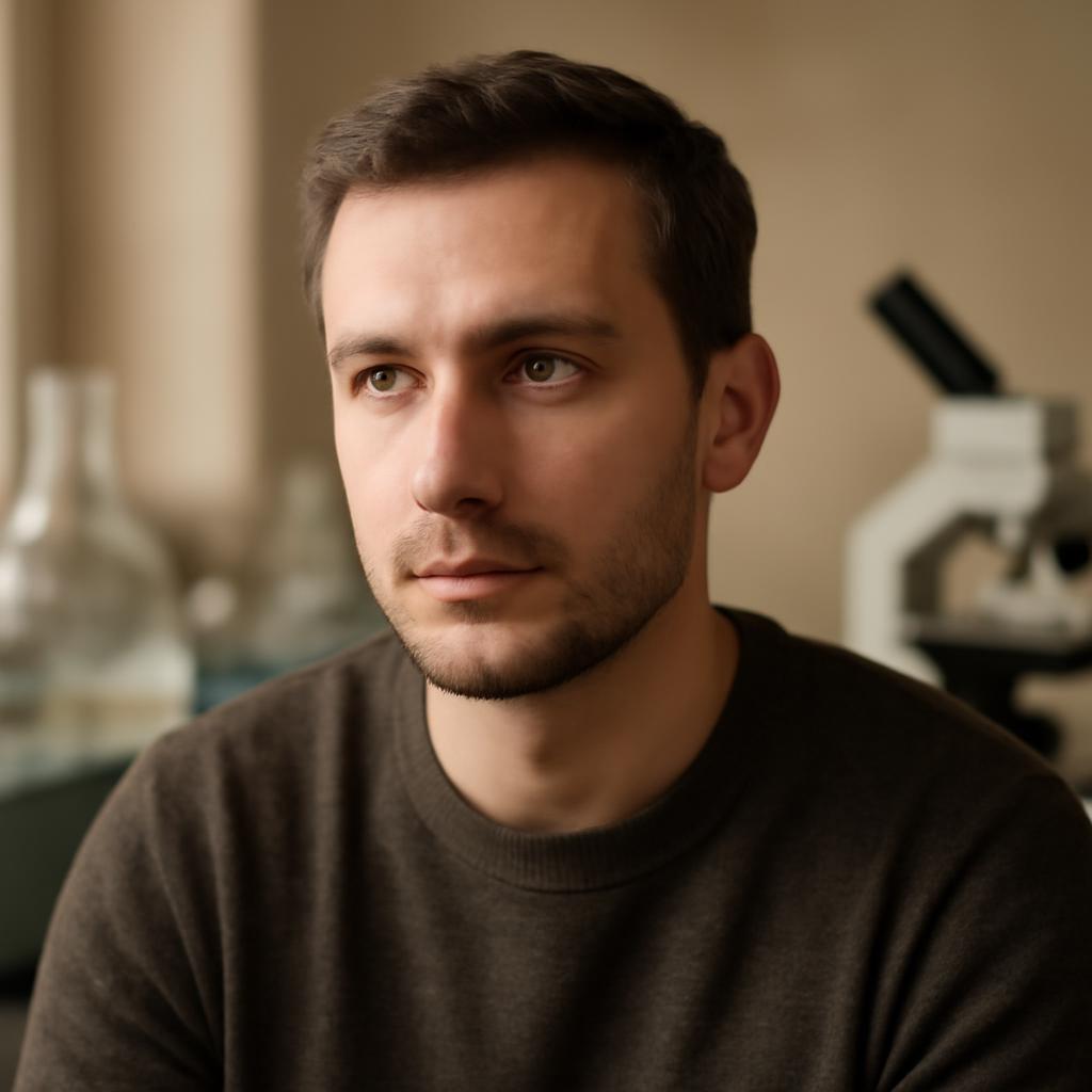 Дмитрий Ковалёв — портрет автора статьи в профессиональной студии с акцентом на задумчивый взгляд и лабораторное оборудование на фоне