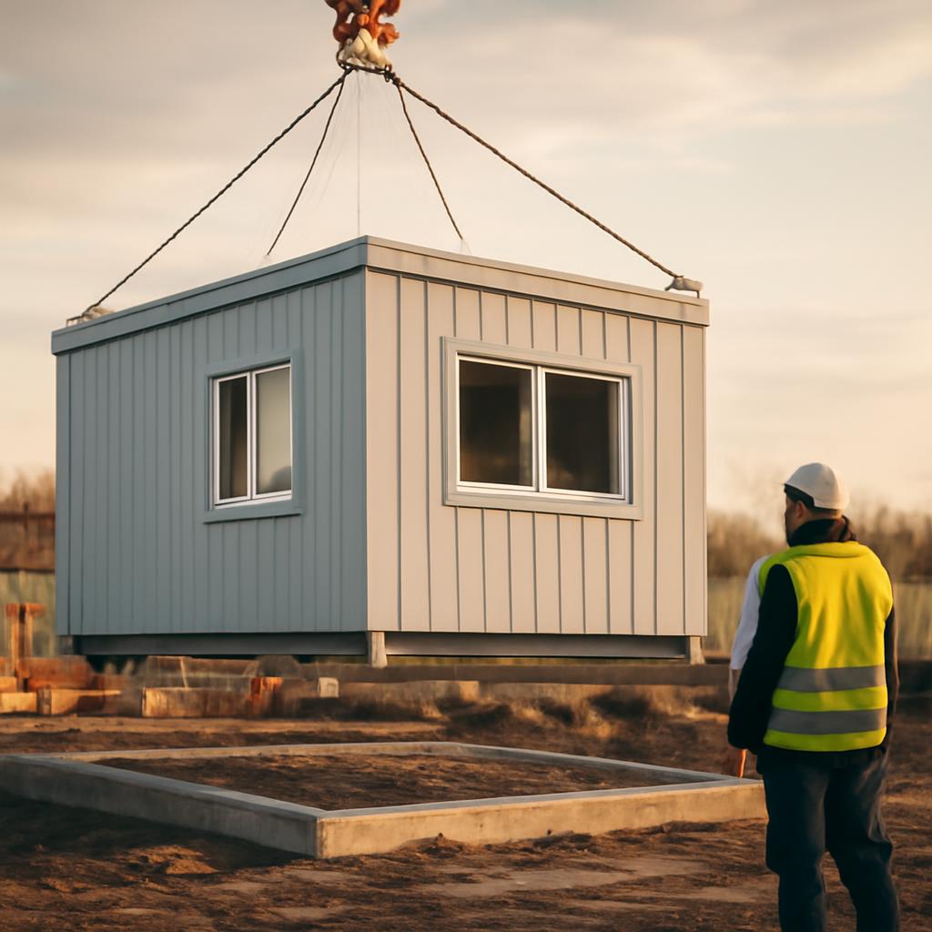 Монтаж модульного здания на строительной площадке