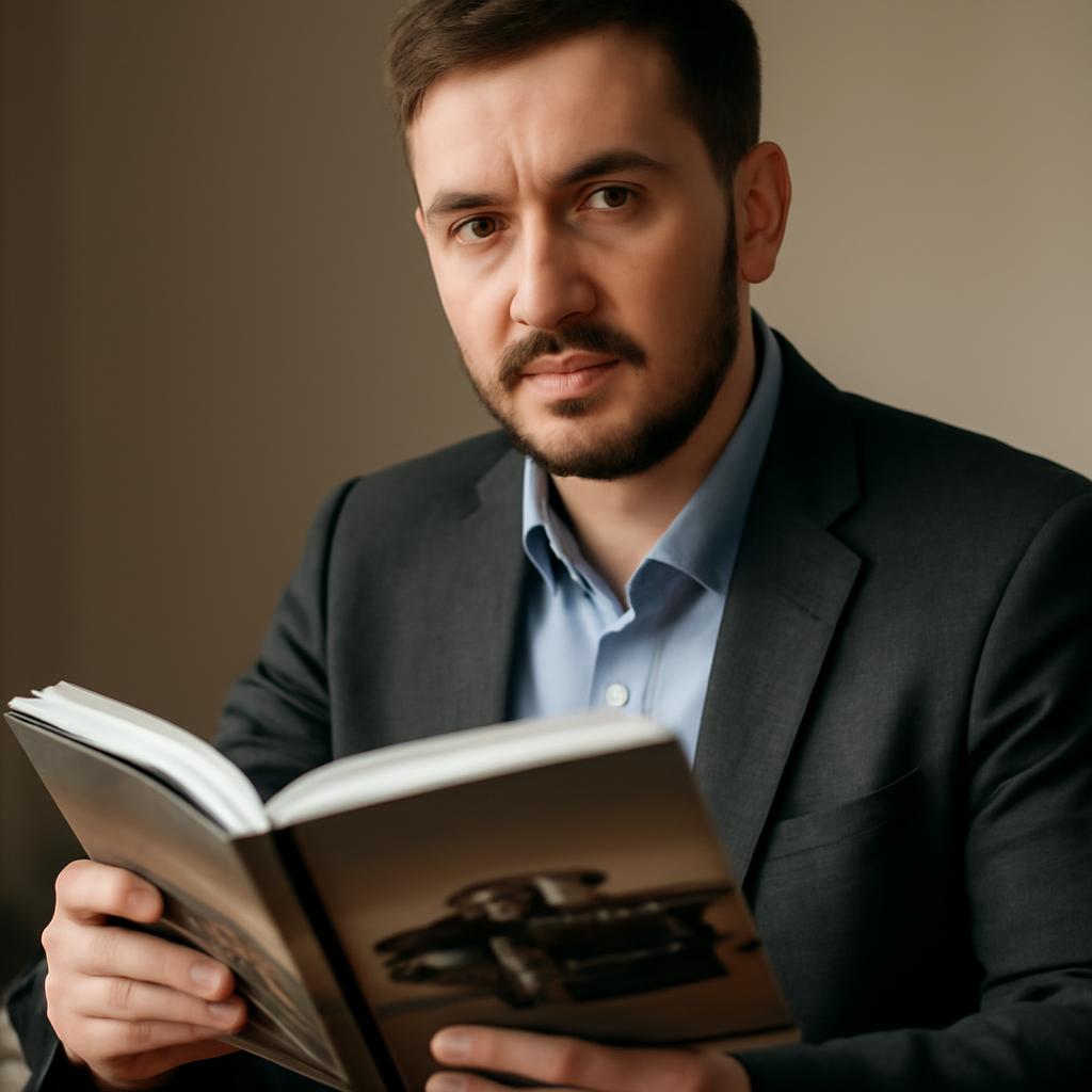 Дмитрий Козлов — портрет эксперта в области оценки автомобилей, фото в студии с книгой по автотематике