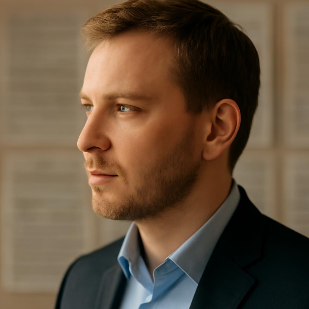 Сергей Воронов — портрет эксперта в профиль на фоне документов