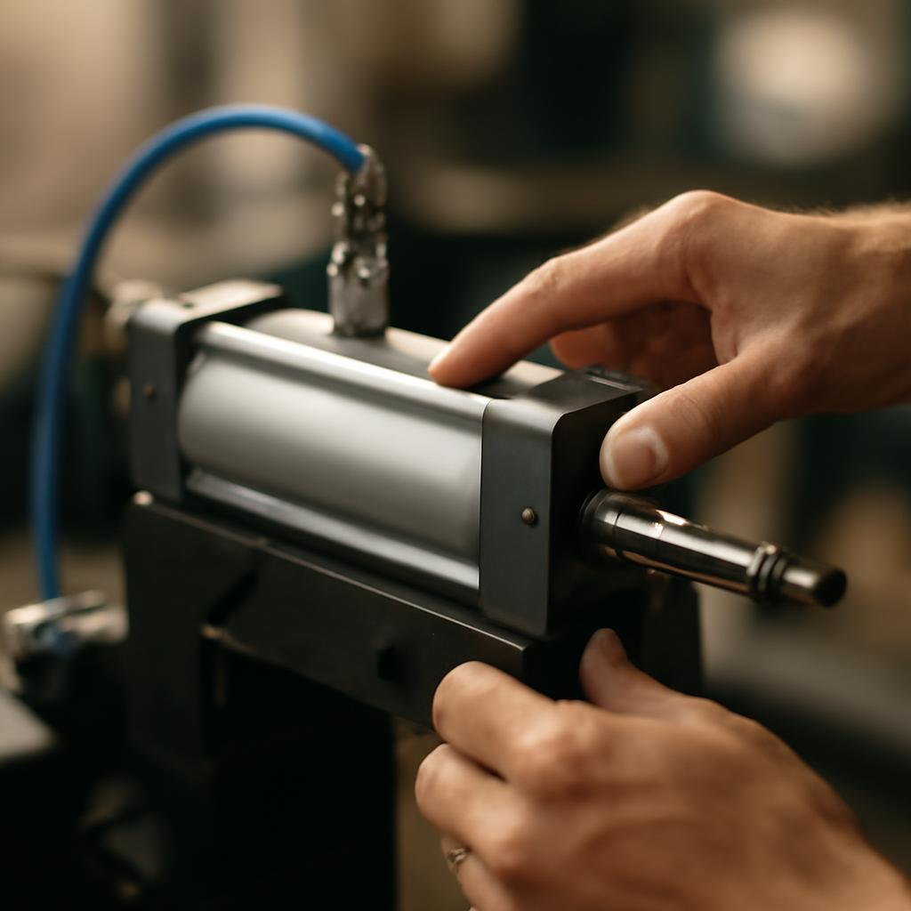 Процесс монтажа пневматического цилиндра на оборудовании