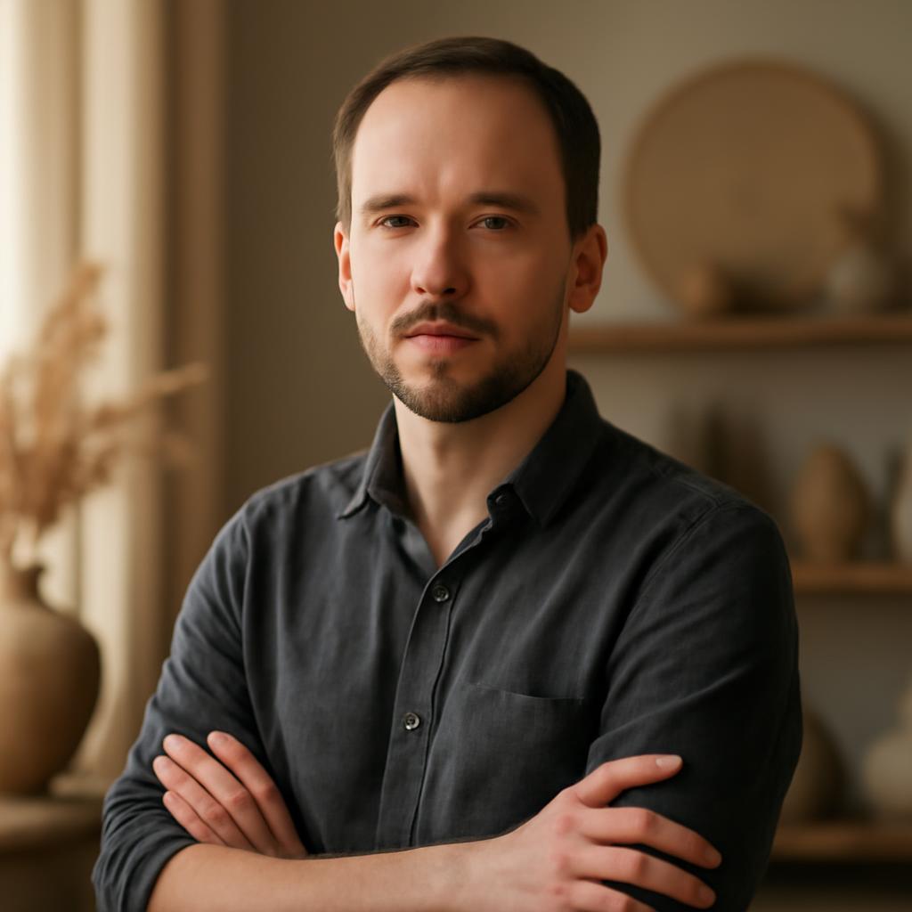 Дмитрий Козлов — профессиональный портрет дизайнера интерьеров в студии с элементами декора