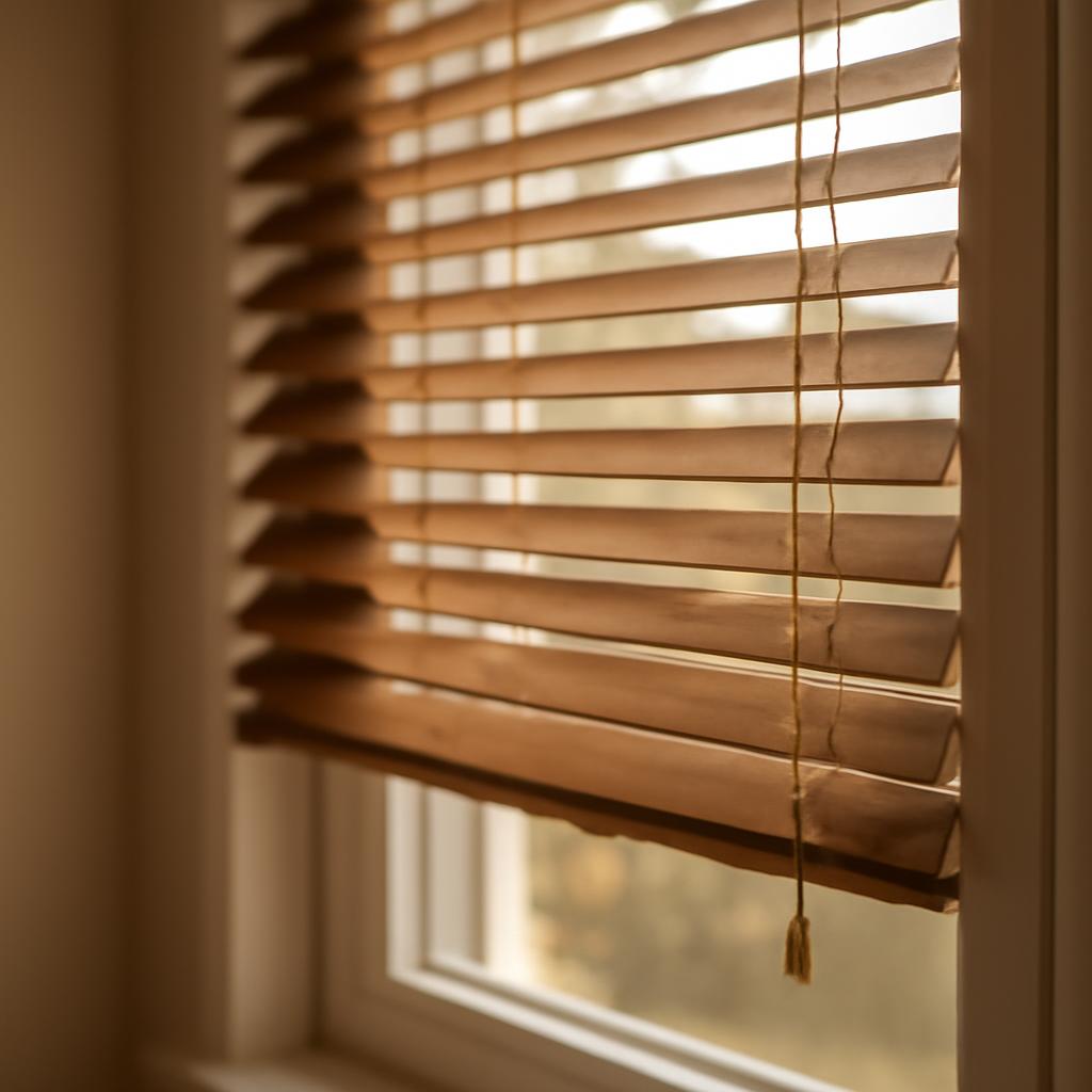 Деревянные жалюзи в гостиной с пластиковыми окнами