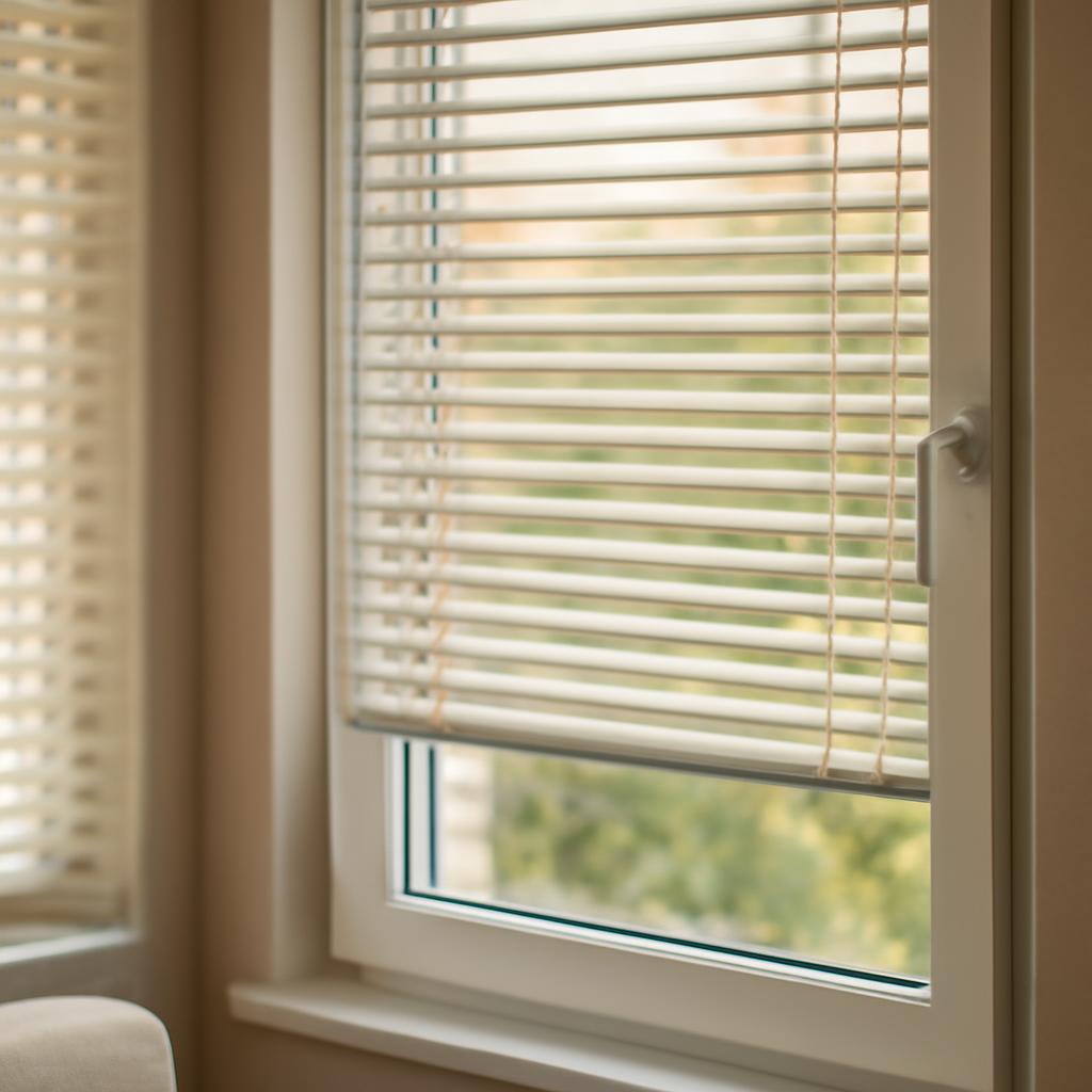 Различные модели жалюзи на пластиковых окнах в разных интерьерах