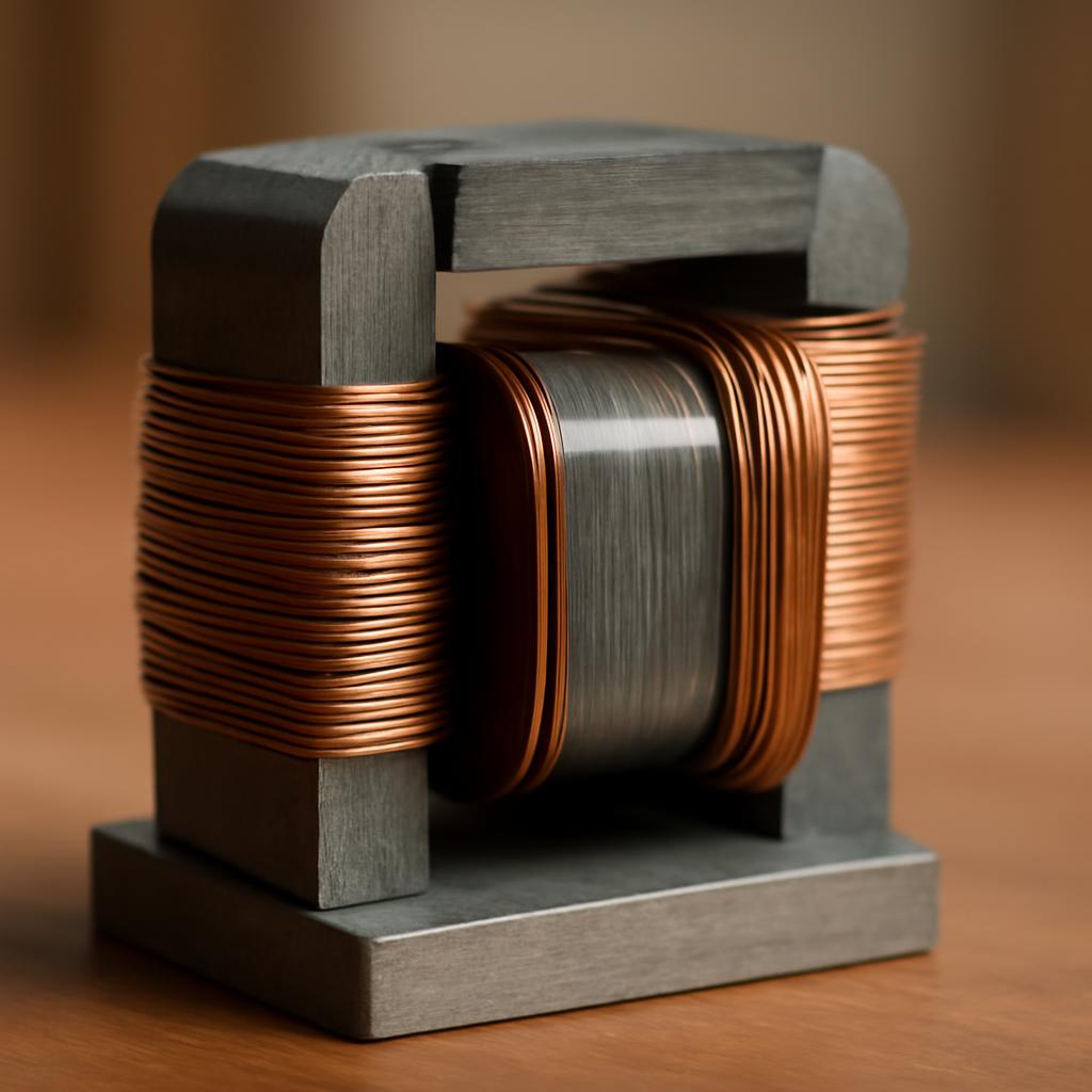 Схема устройства понижающего трансформатора с обмотками и сердечником