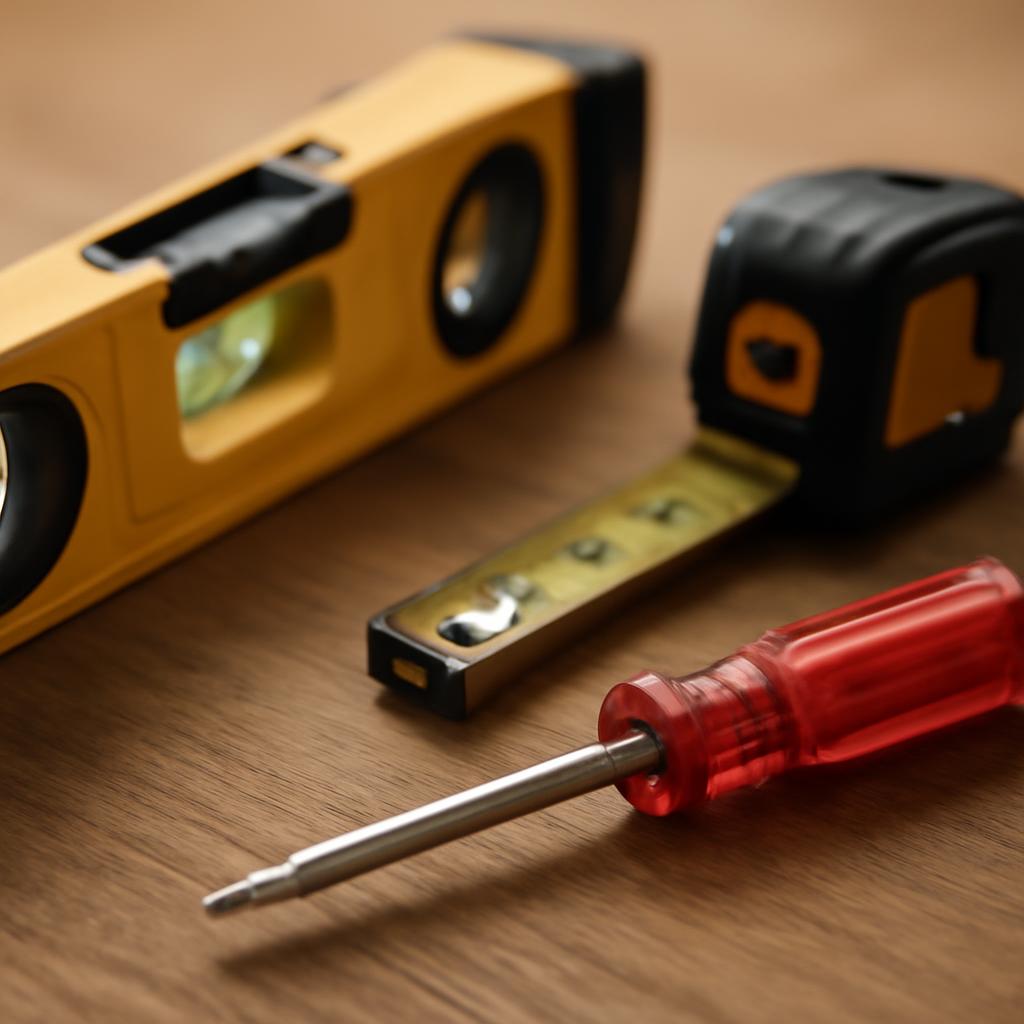 Инструменты для сборки рулонной шторы: отвертка, уровень и рулетка