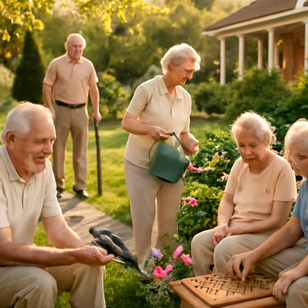 Пожилые люди в пансионате занимаются активностями на свежем воздухе