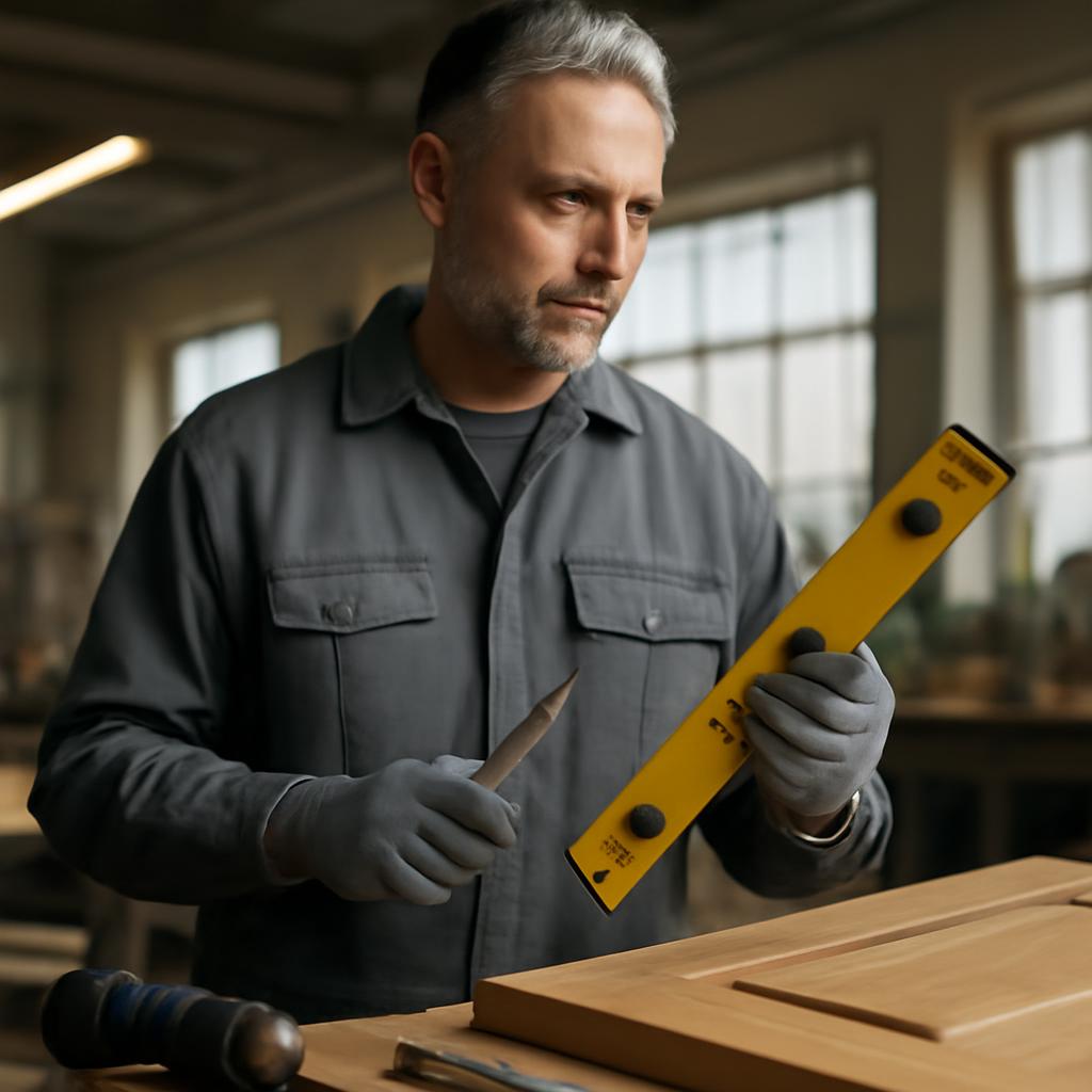 Артур Шраман — фото специалиста в мастерской с инструментами для монтажа дверей