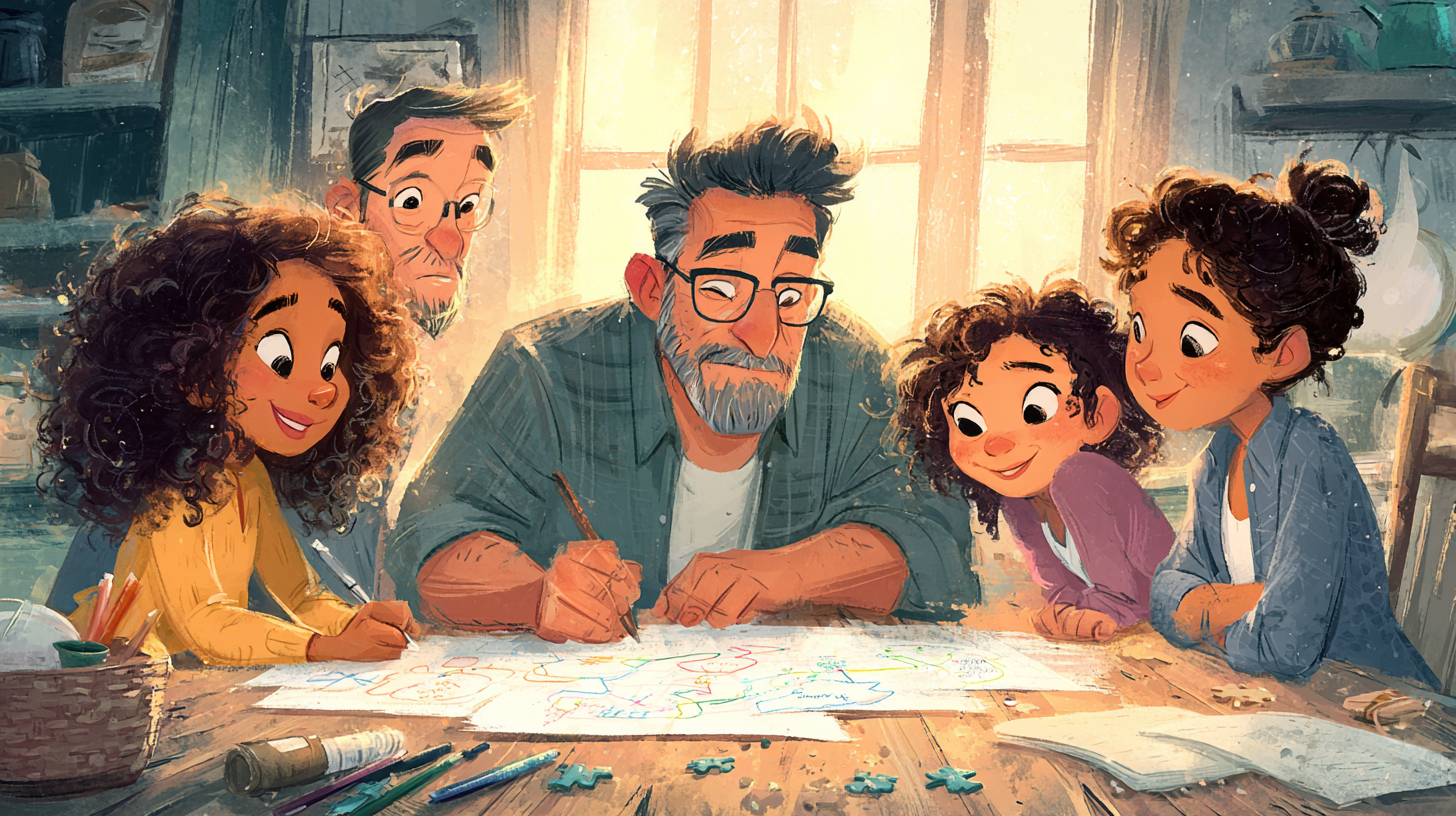 Семья за столом обсуждает планы, иллюстрируя стратегии предотвращения конфликтов