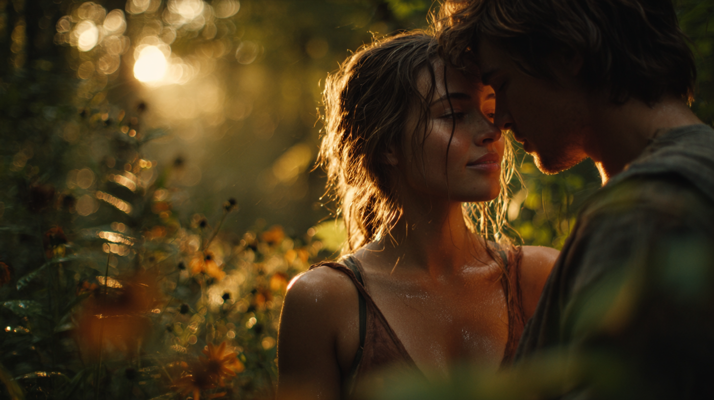 Пара, обнимающаяся на природе, выражая эмоциональную близость