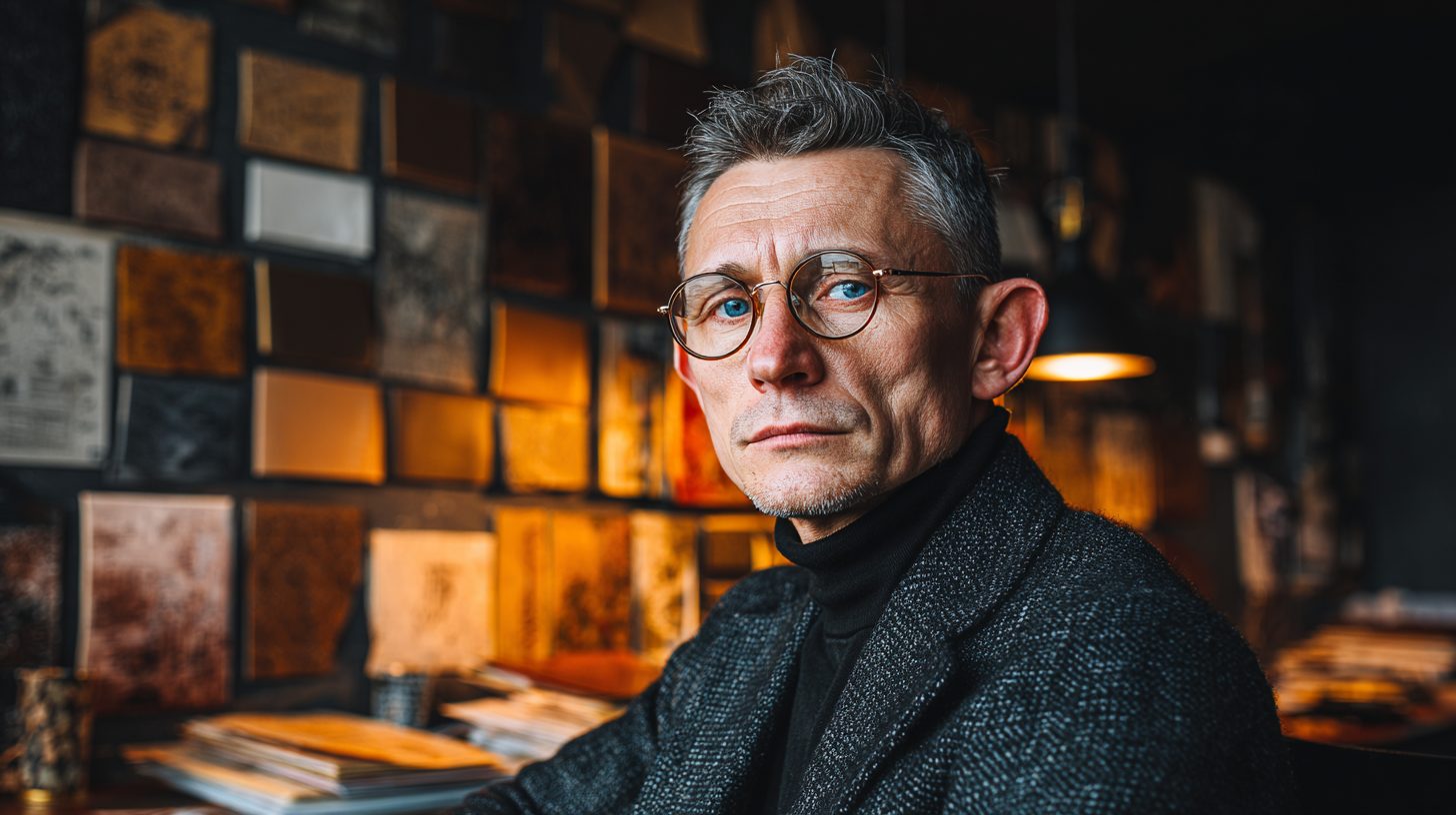 Сергей Козлов — портрет специалиста по упаковке в студии с книгами о материалах