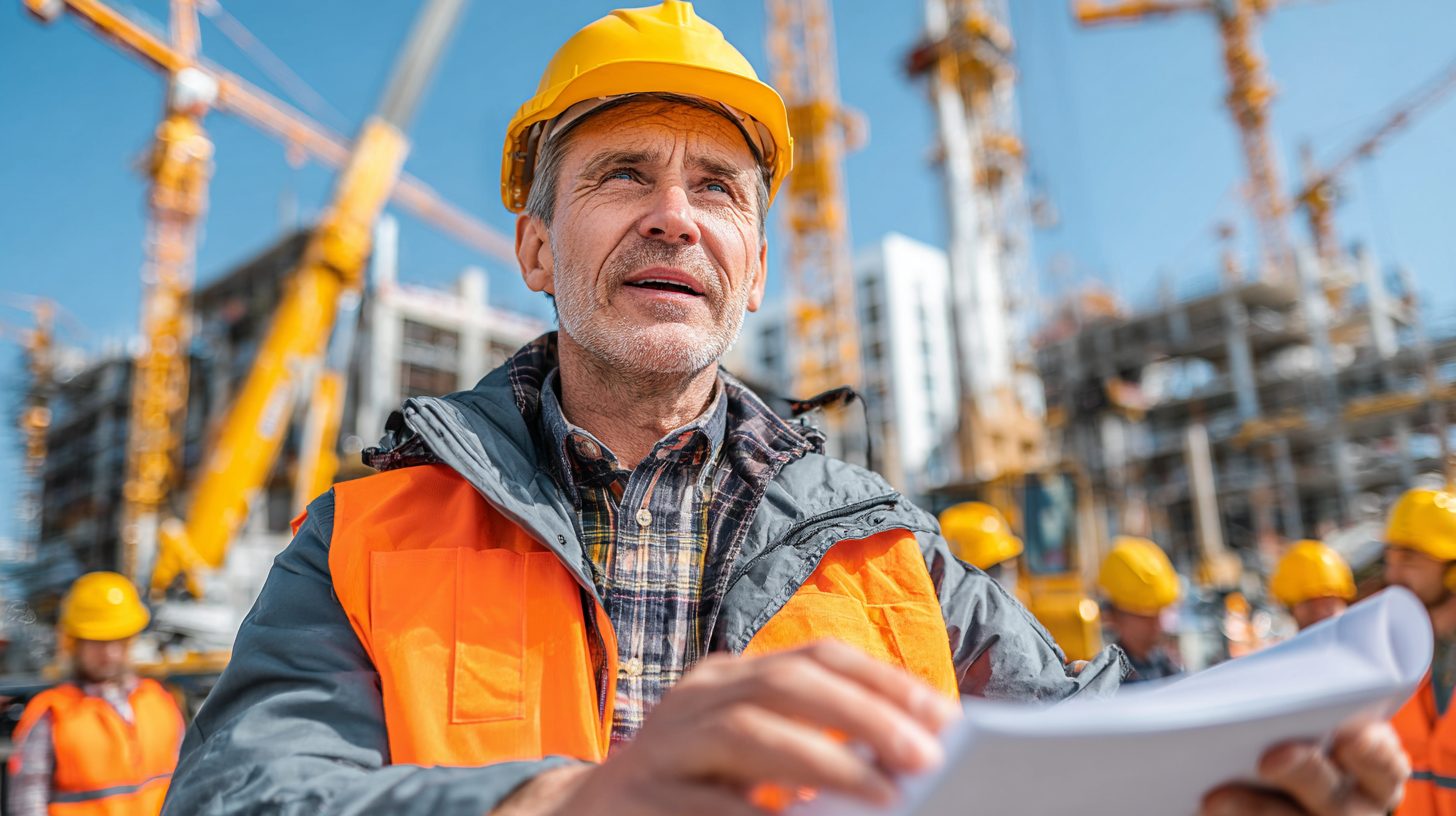 Дмитрий Соколов — портрет инженера на фоне активной стройплощадки в яркой жилетке и каске с чертежами в руках