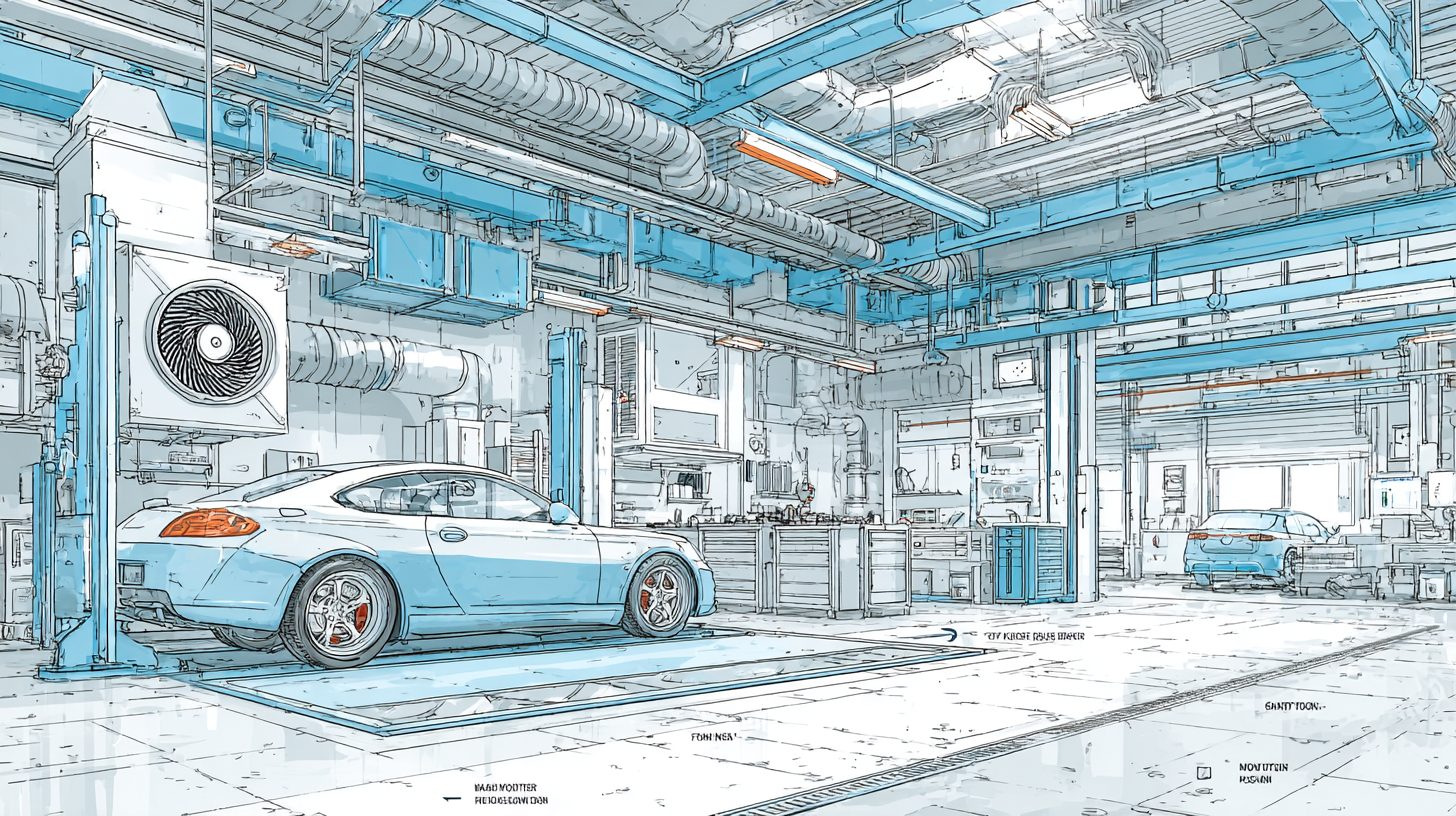 Схема системы удаления выхлопных газов с осевым вентилятором в автосервисе