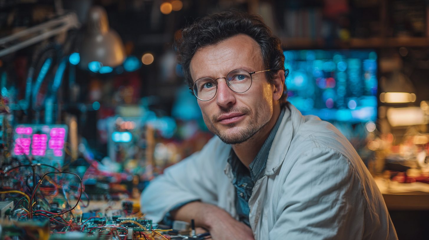 Дмитрий Козлов — портрет инженера-электротехника в лабораторной среде с инструментами