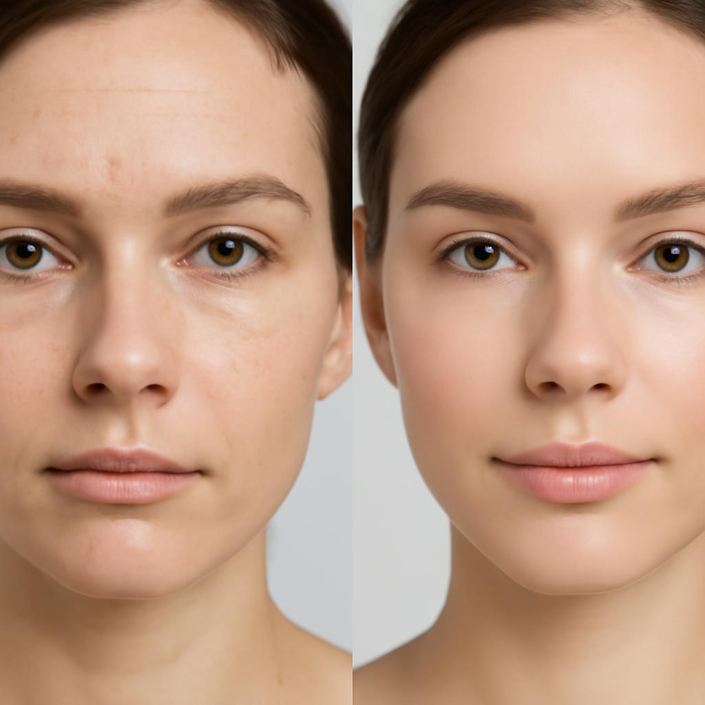 Фото кожи молодой женщины до и после курса кораллового пилинга Rose de Mer