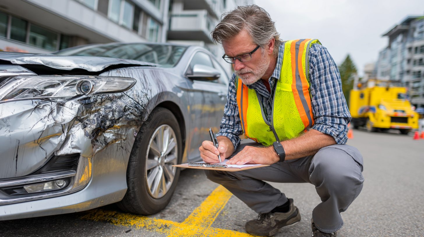 Эксперт проводит оценку повреждений автомобиля после аварии