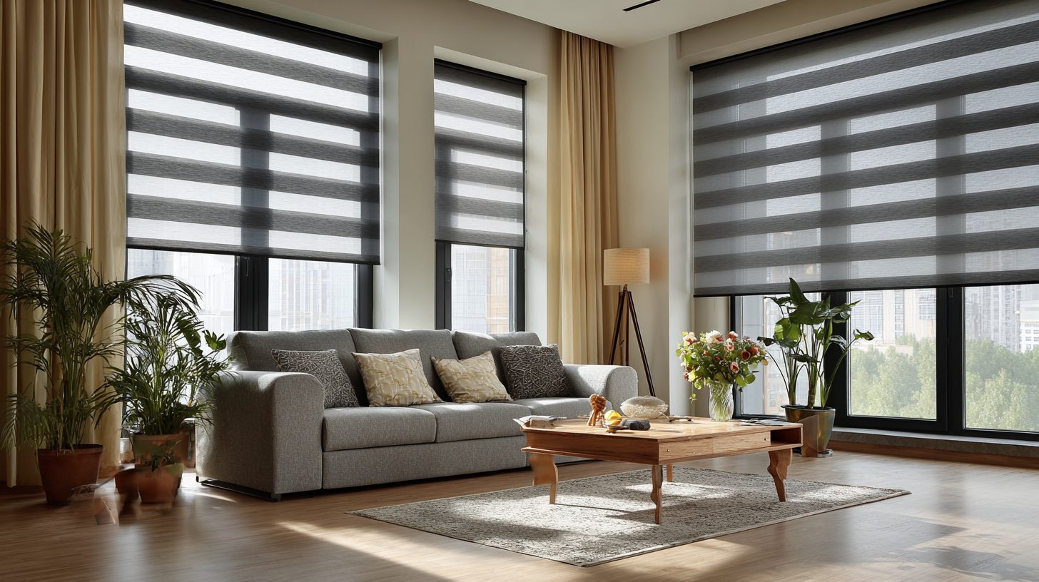 Рулонные шторы день-ночь в интерьере гостиной