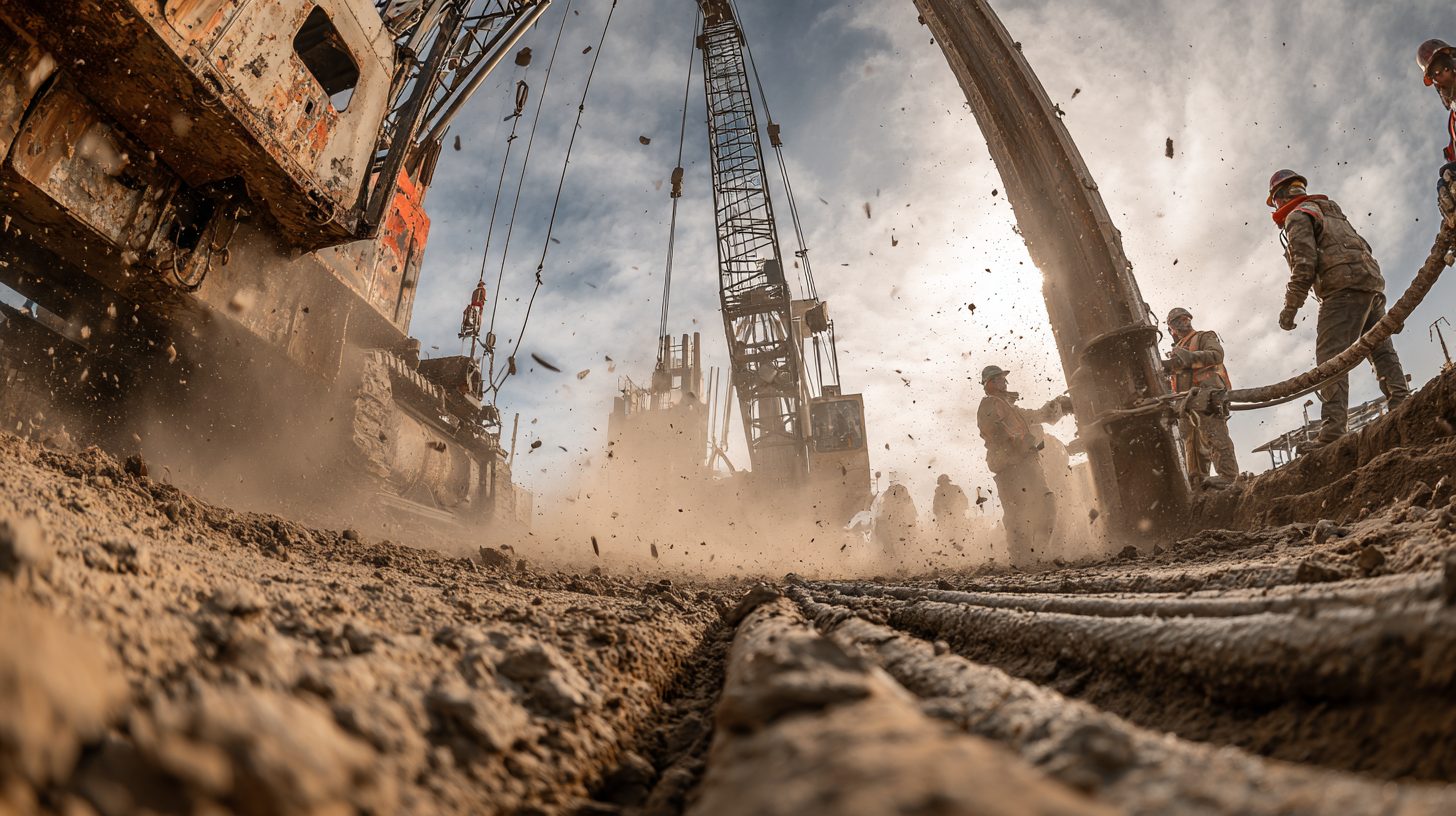 Процесс установки железобетонных свай методом забивки