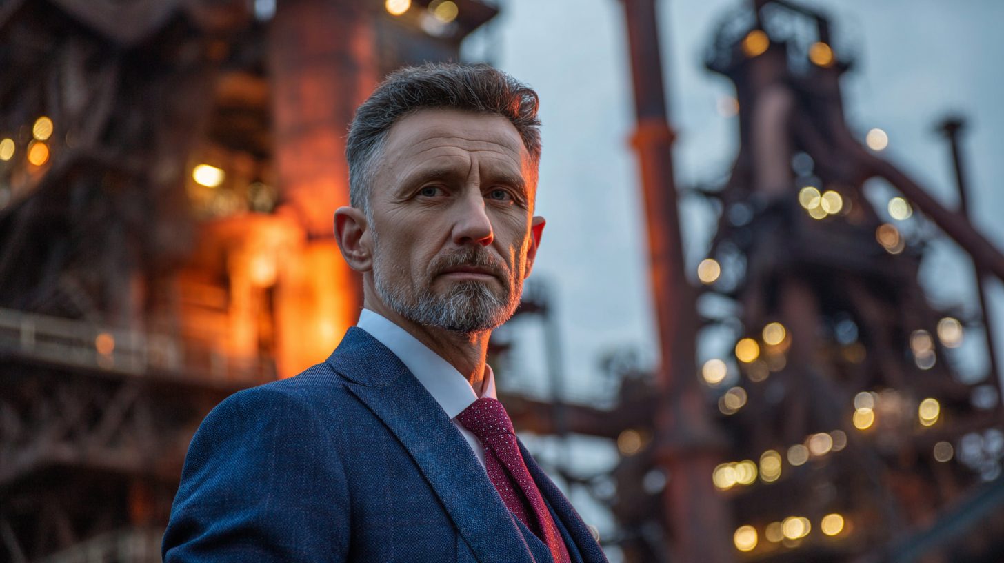 Дмитрий Воронин — портрет автора в деловом костюме на фоне промышленного объекта