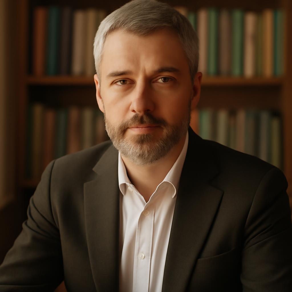 Дмитрий Волков &mdash; портрет автора статьи, фото в кабинете с психологическими книгами на фоне