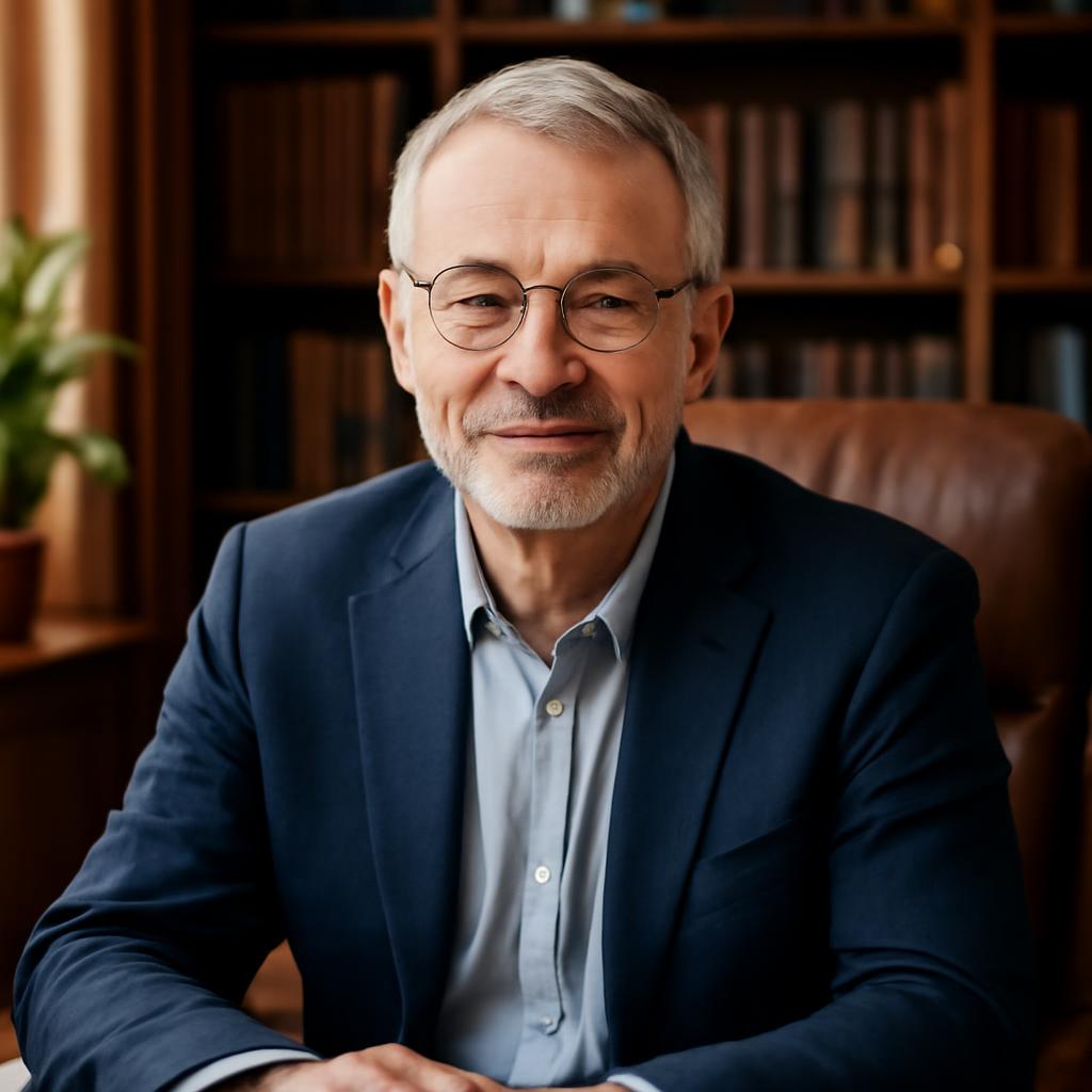 Дмитрий Воронин — портрет зрелого мужчины-психолога в спокойной обстановке кабинета с книгами на фоне