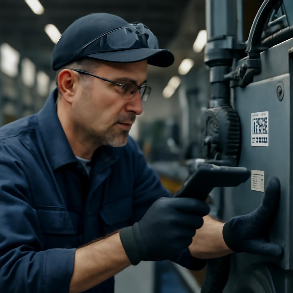 Механик сканирует QR-код на промышленном оборудовании для поиска запчастей