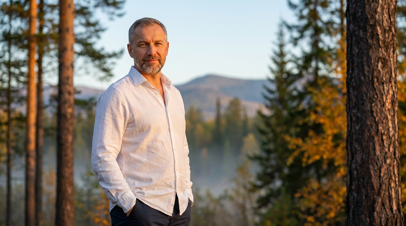 Дмитрий Воронин — портрет специалиста средних лет в casual-стиле на фоне сибирского пейзажа