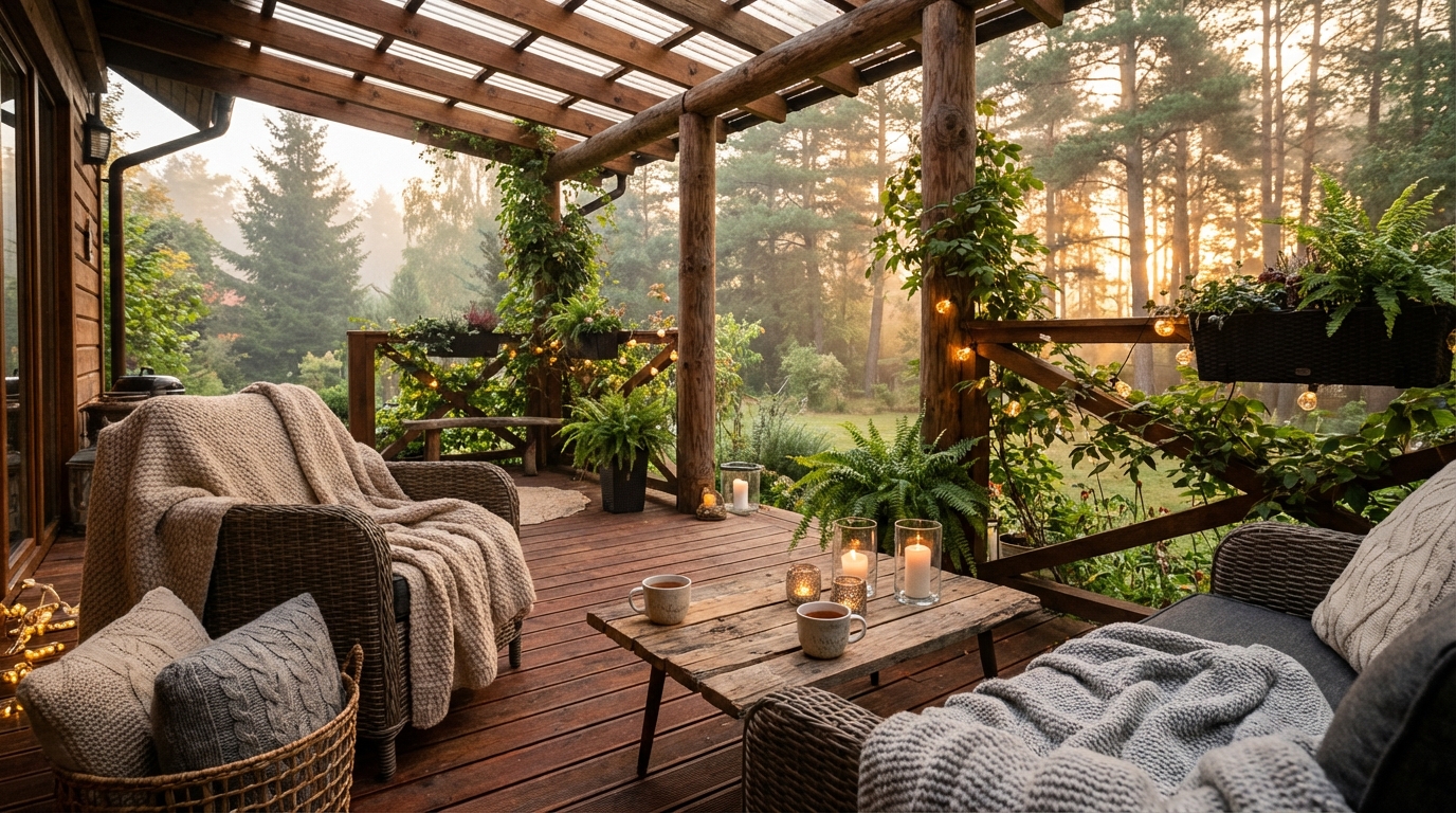 Терраса в загородном доме с элементами хюгге
