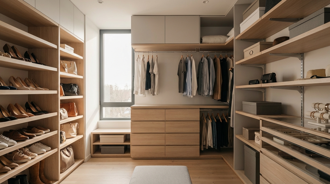 Схема планирования гардеробной комнаты с зонами хранения