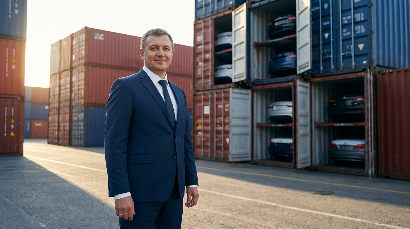 Алексей Воронин — портрет автора в деловом костюме на фоне порта с контейнерами для импорта автомобилей