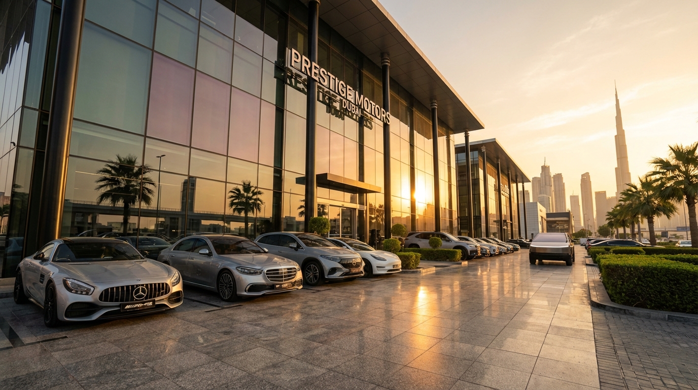 Внешний вид современного автосалона в Дубае с выставленными автомобилями