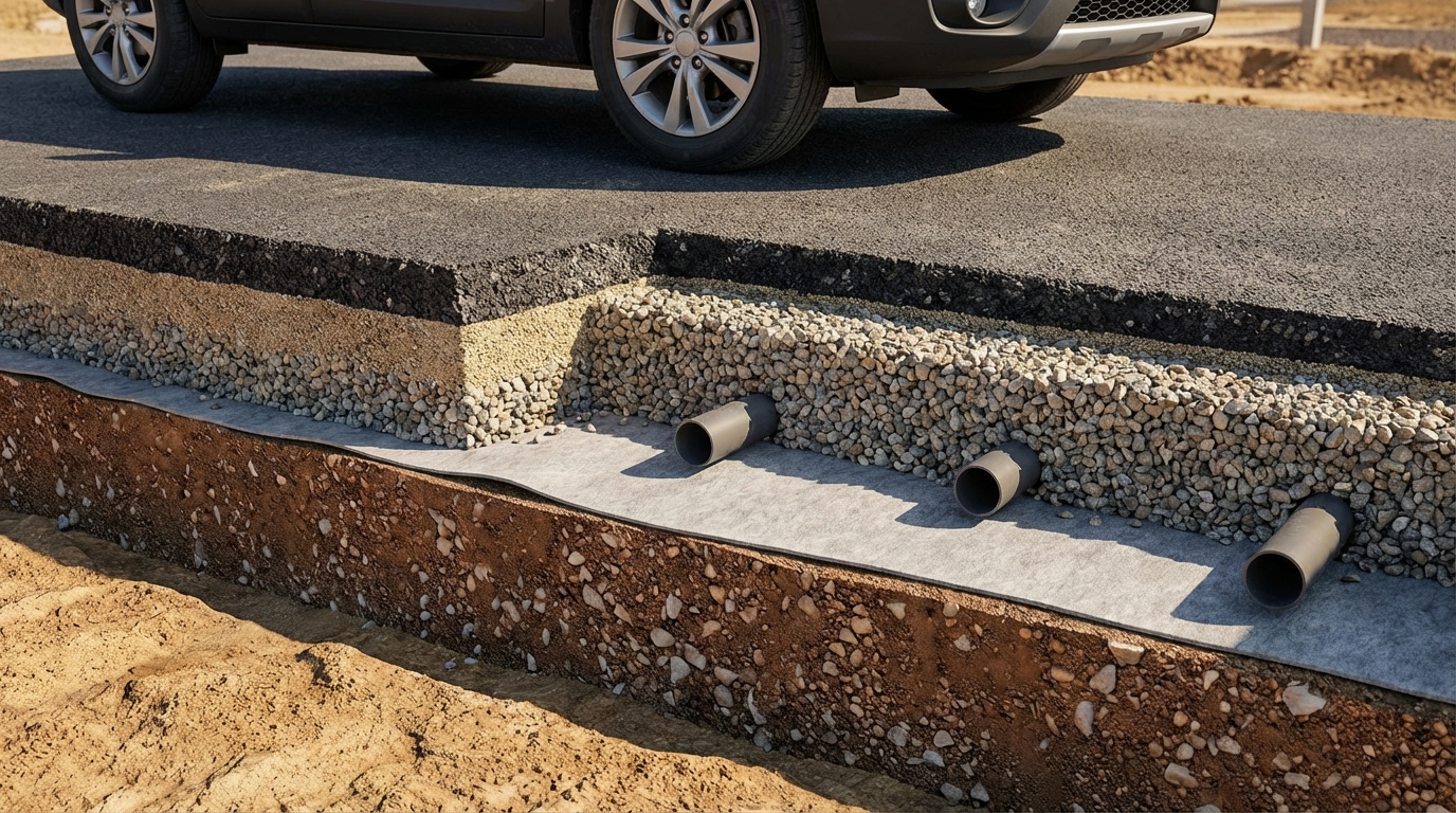 Устройство дренажного слоя для основания площадки под машину