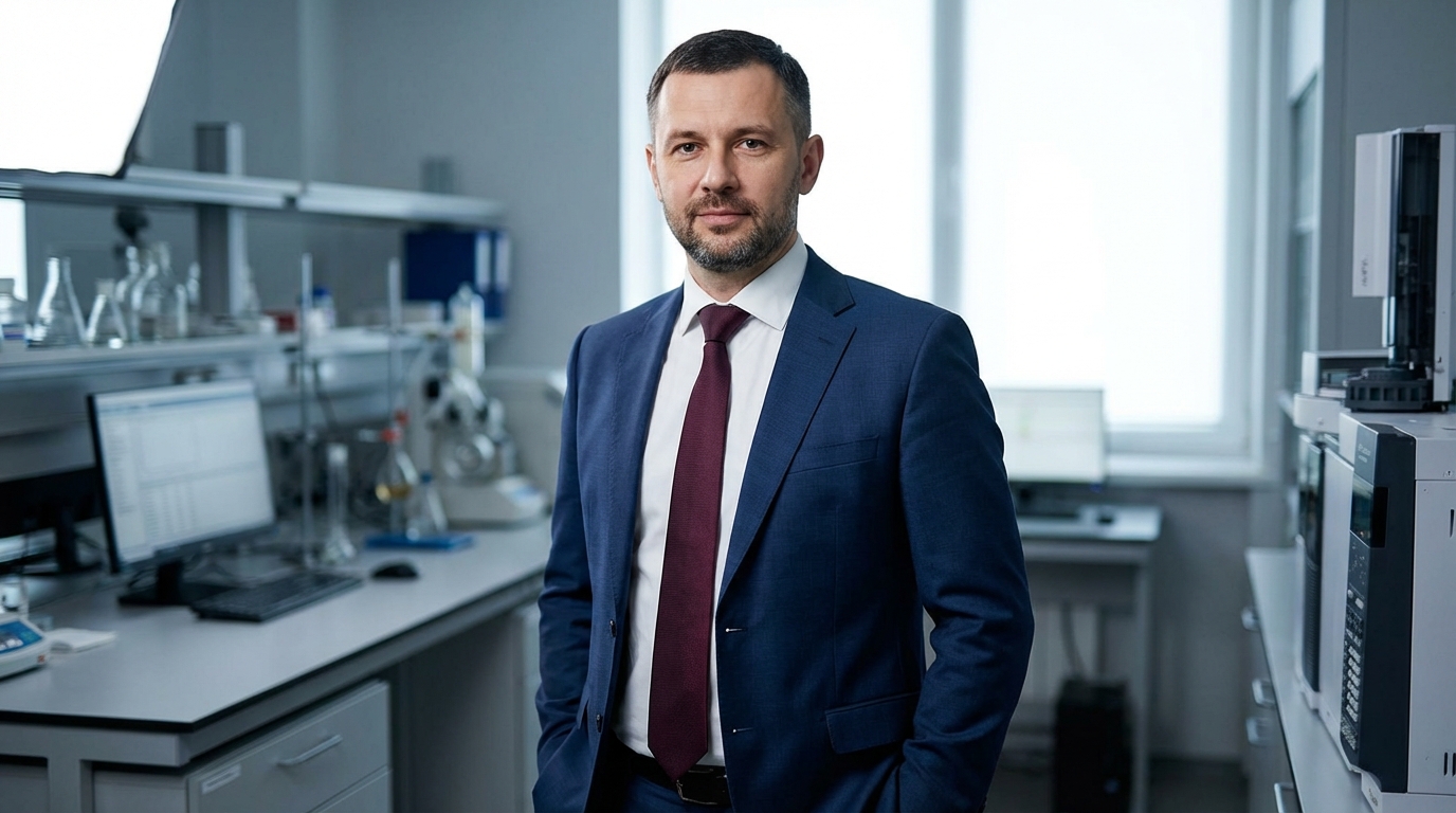 Сергей Волков — портрет автора в деловом костюме на фоне технической лаборатории