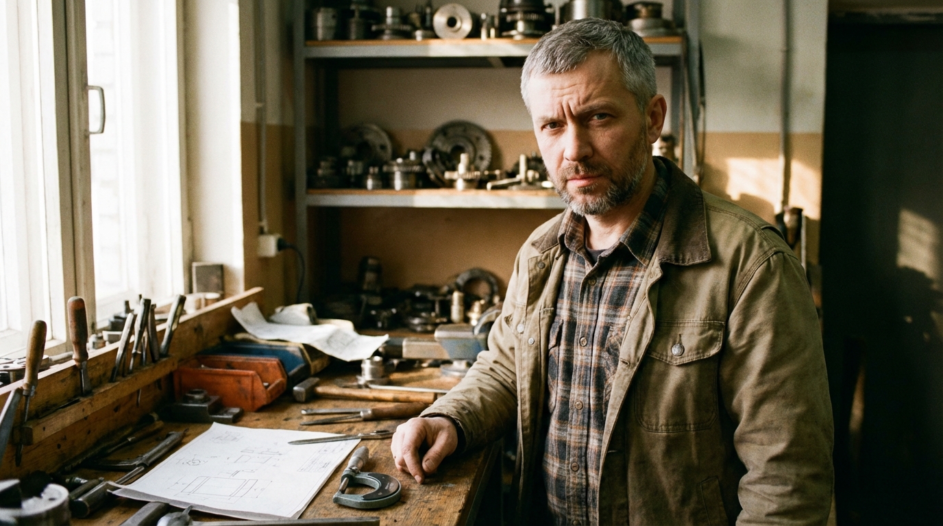 Виктор Лебедев — портрет инженера в мастерской с инструментами, средний возраст, сосредненный взгляд