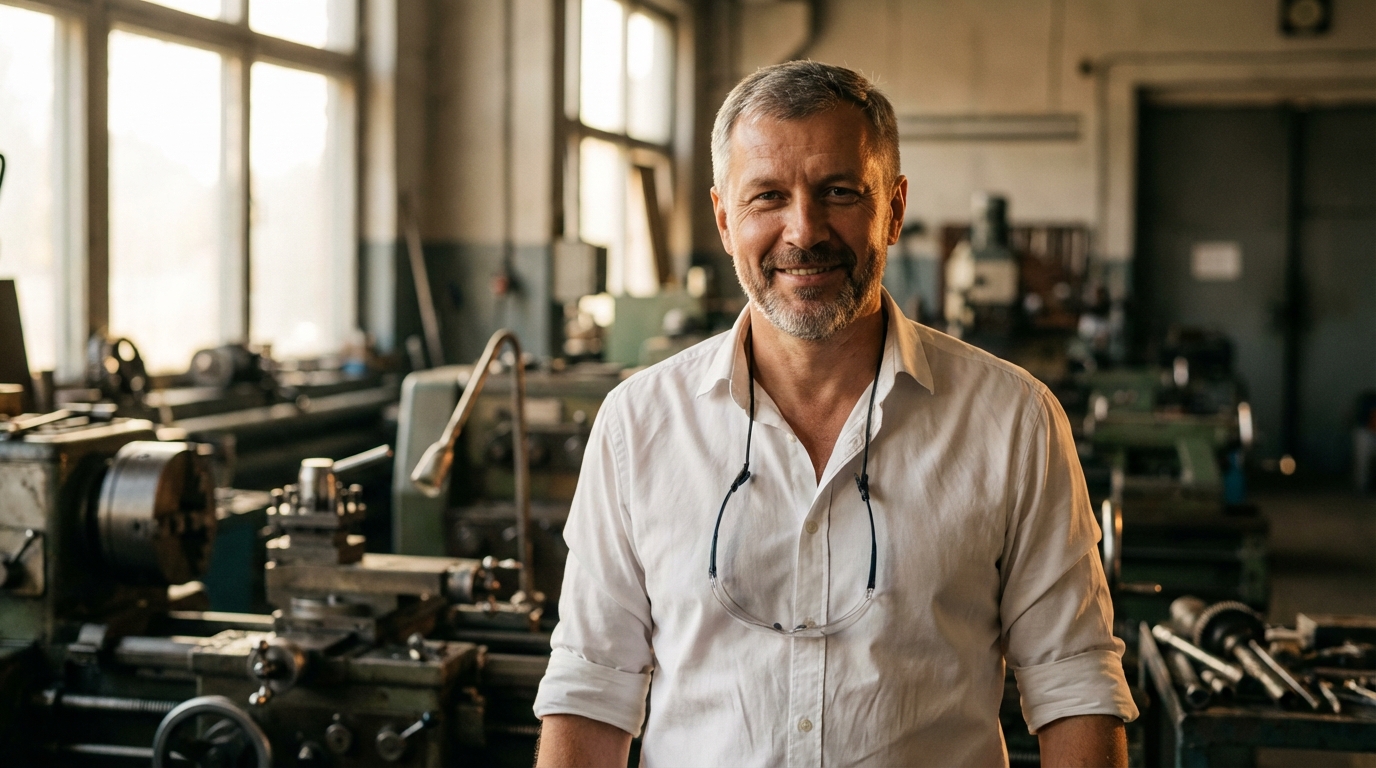 Дмитрий Козлов — портрет автора в профессиональной обстановке на фоне промышленного оборудования