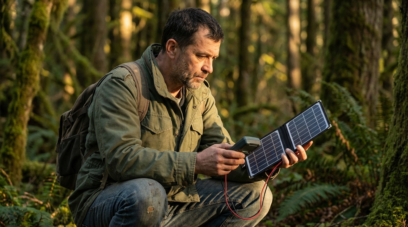 Дмитрий Козлов — портрет автора в полевом тестировании солнечной панели в лесу