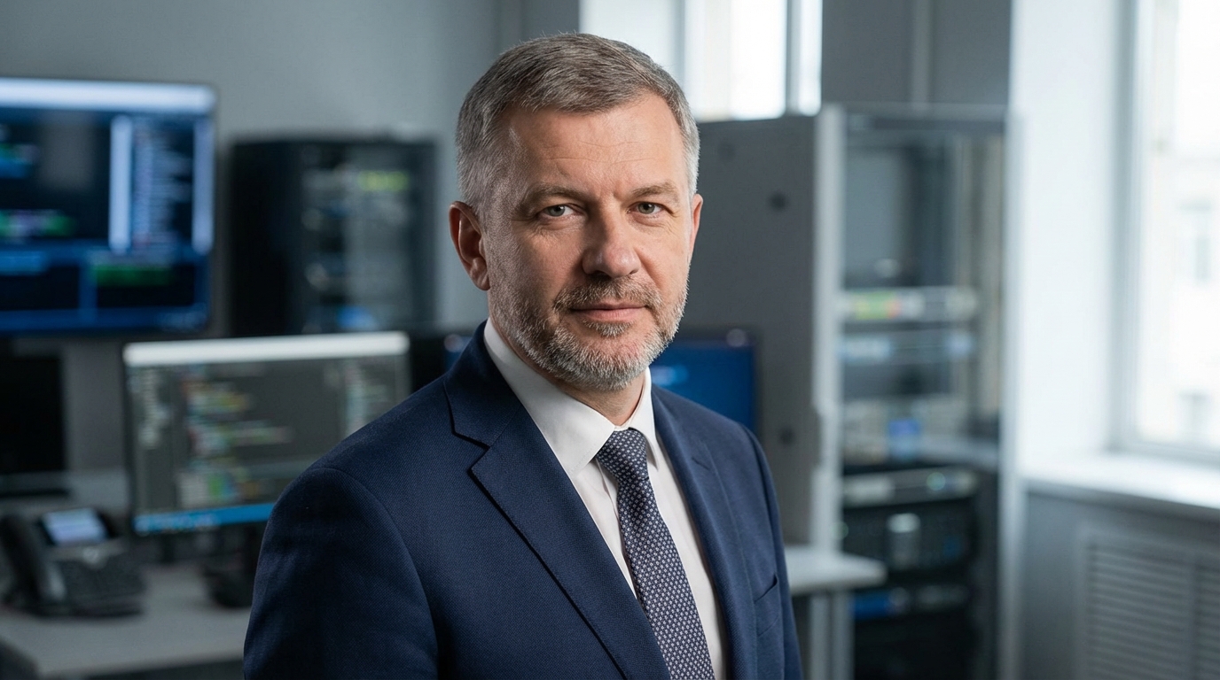 Сергей Козлов — портрет автора статьи, мужчина средних лет в деловом костюме на фоне технического оборудования