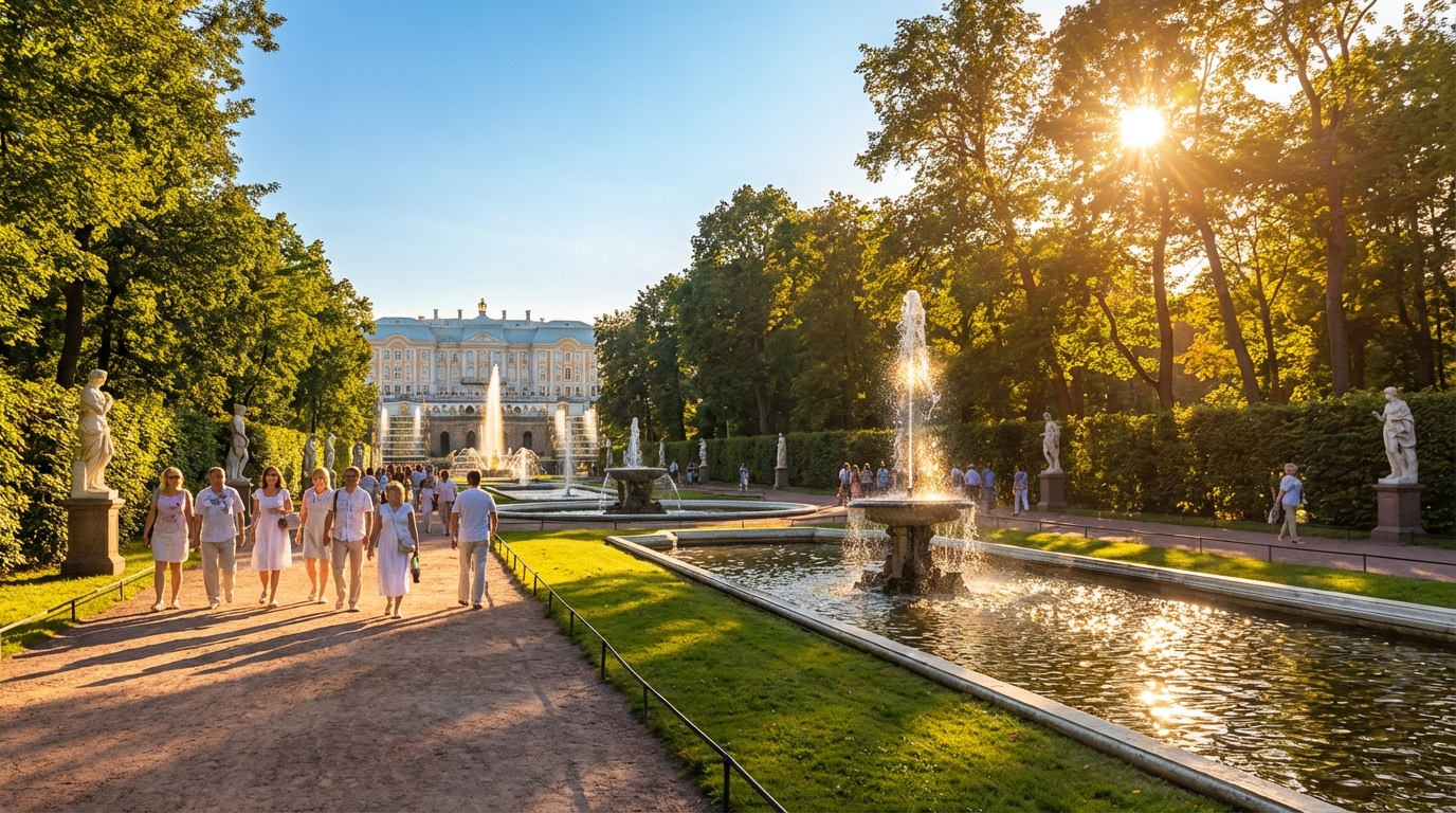 Прогулка по парку Петергофа во время автобусной экскурсии