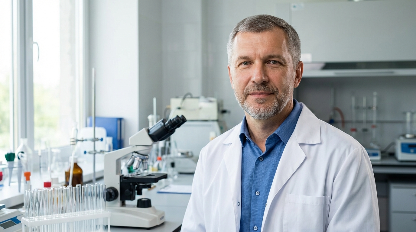 Дмитрий Волков — портрет специалиста средних лет в лабораторной одежде, с инструментами на фоне