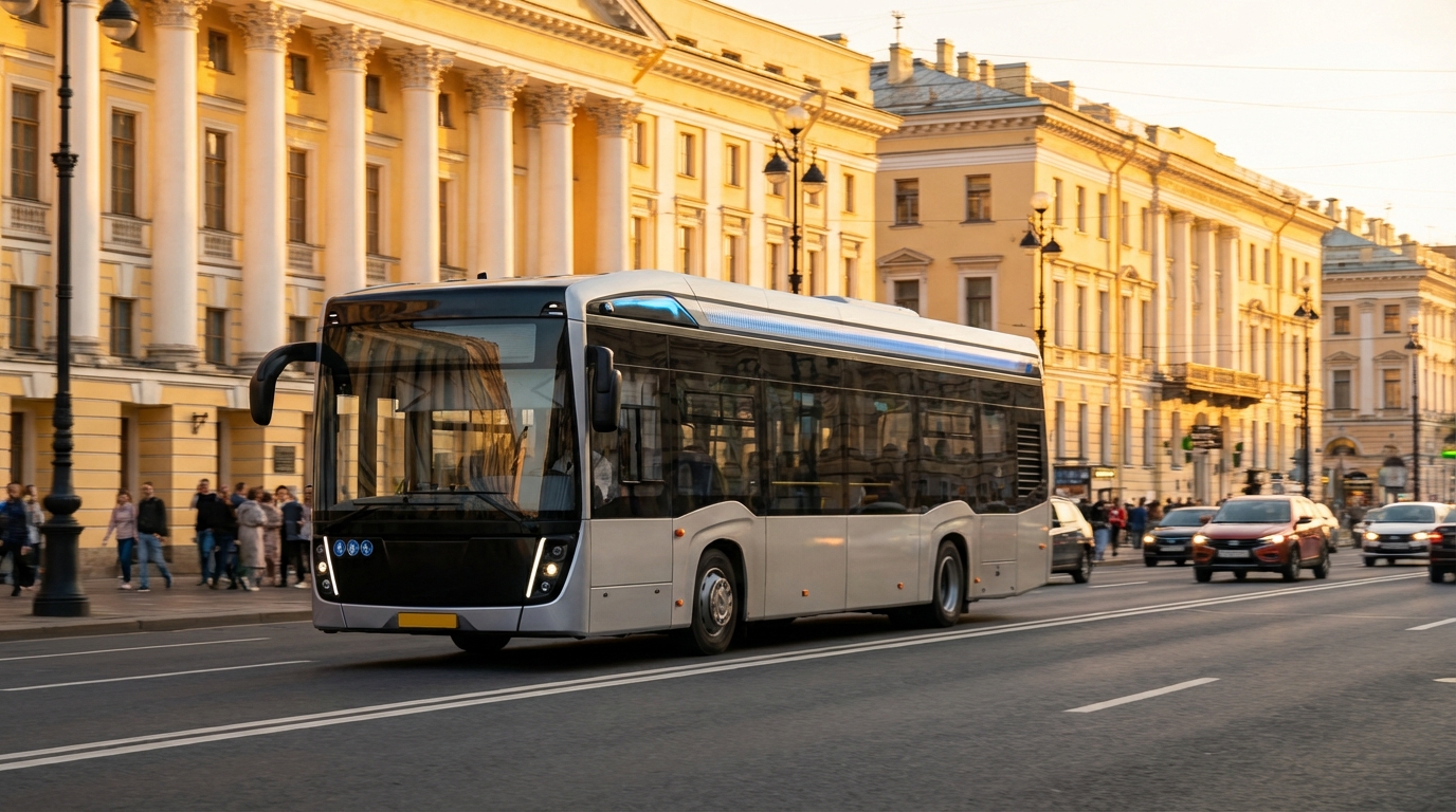 Автобус с сенсорами ИИ на маршруте по Санкт-Петербургу