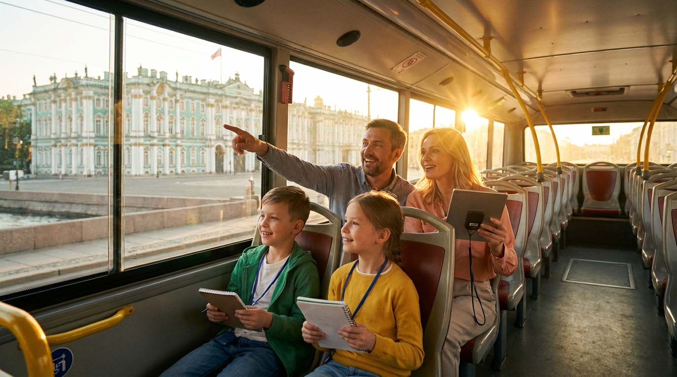 Семья на образовательной автобусной экскурсии в Петербурге