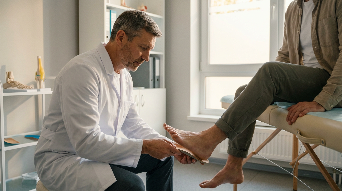 Специалист подбирает ортопедические стельки пациенту