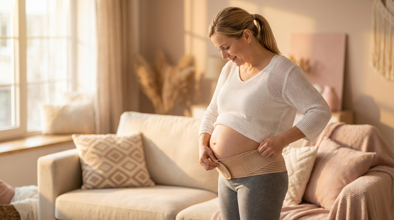 Женщина надевает бандаж для беременных