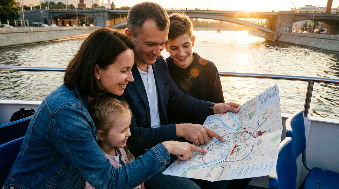 Семья выбирает маршрут на прогулочном катере по Москве-реке