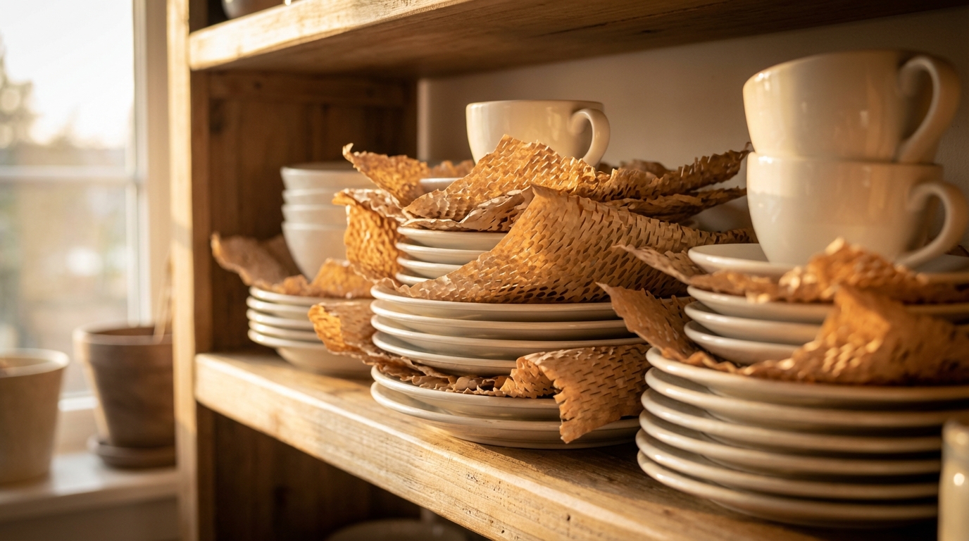 Сотовая бумага как разделитель для посуды на кухонной полке