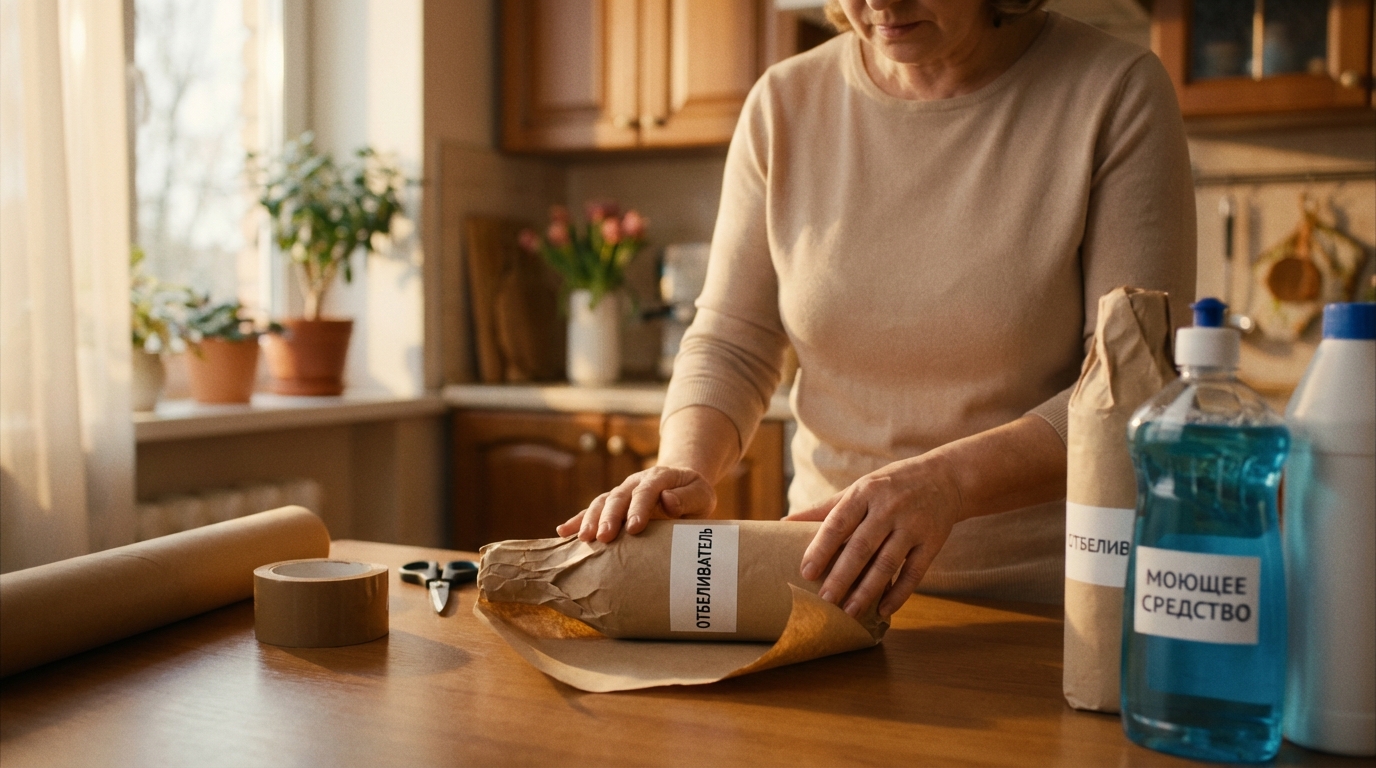 Обертывание бытовой химии бумагой для предотвращения боев